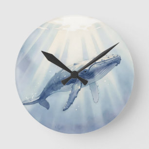 Horloge Ronde Baleine à bosse aquarelle océan