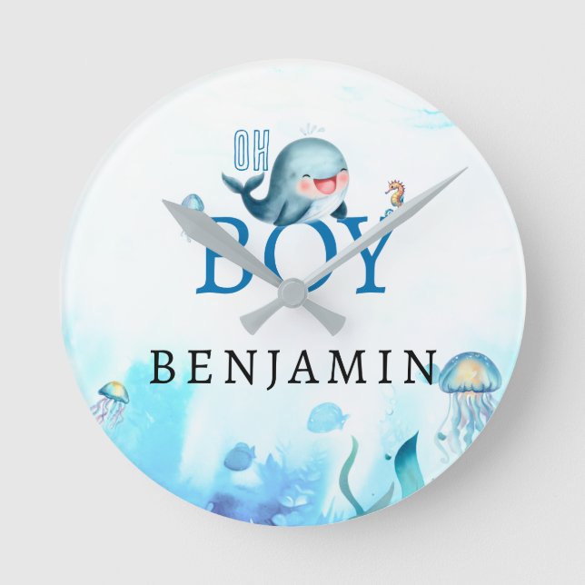 Horloge Ronde Baleine mignonne sous la mer Aquarelle Boy Bleu Bl (Recto)