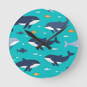 Horloge Ronde Baleines dauphins motif océanique