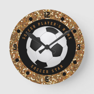 Horloge Ronde Balle de football à paillettes en faux or personna