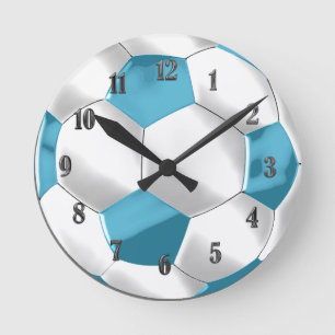 Horloge Ronde Balle de football bleu et blanc turquoise