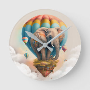 Horloge Ronde Ballons à air chaud Eléphant mignon animal Whimsic