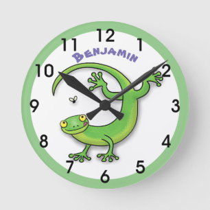 Horloge Ronde Bande dessinée verte heureuse mignonne de lézard