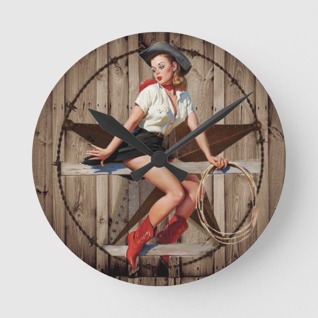 Horloge Ronde Barre Wood Texas Star pays occidental Cowgirl (Recto)