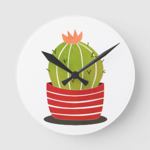 Horloge Ronde BARREL CACTUS dans un pot rouge art minimal
