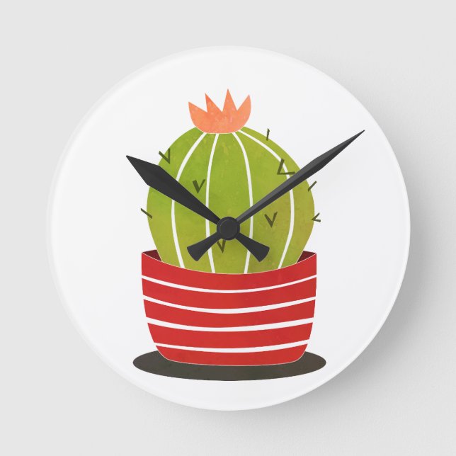 Horloge Ronde BARREL CACTUS dans un pot rouge art minimal (Recto)