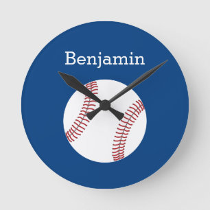 Horloge Ronde Baseball avec nom personnalisé - Royal Blue