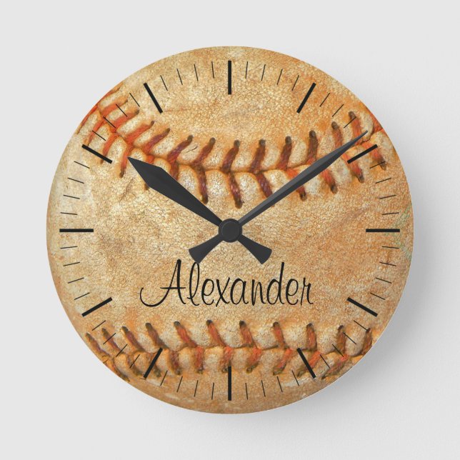 Horloge Ronde Baseball blanc personnalisé avec nom et numéro (Recto)