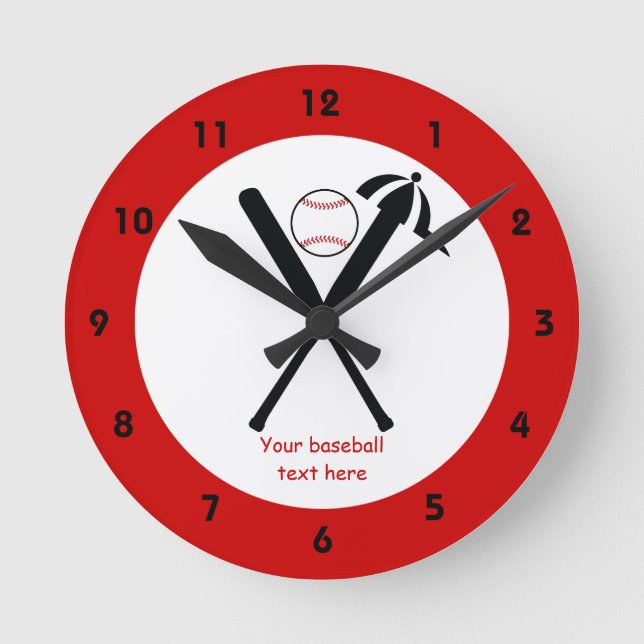 Horloge Ronde Baseball croisé chauves-souris et casquette noir,  (Recto)