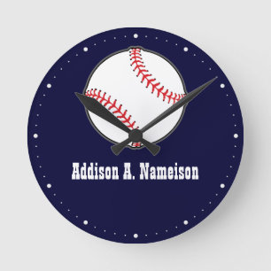 Horloge Ronde Baseball sur Navy Blue Name Sports Room Boys