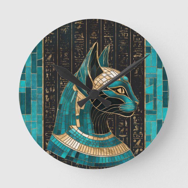 Horloge Ronde Bastet, déesse chatte égyptienne - Art mosaïque (Recto)
