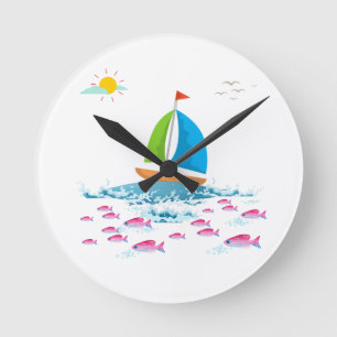 Horloge Ronde Bateau à voile et poisson rouge