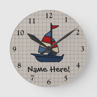 Horloge Ronde Bateau nautique personnalisé Bleu/Tan Boy's