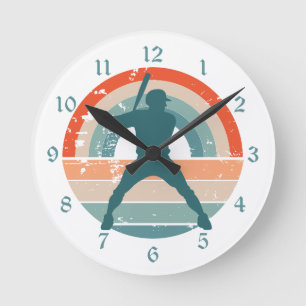 Horloge Ronde Batterie de baseball bleu Retro Arc-en-ciel