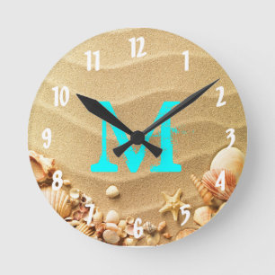Horloge Ronde Beach Seashell Hawaii Monogram Initial Wall Clock