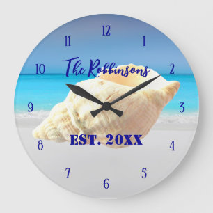 Horloge Ronde Beach seashell nom de famille établi grande horlog