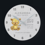 Horloge Ronde Bear Baby Birth Stats Nursery<br><div class="desc">This rustic clock feh a watercolor bear on a gray linen background personalized with your baby's name, birthday and birth stats. Please note the linen background texture is part of the printed design. Easy to personalize with custom options. Click the personalize button to change fonts, add your own text or...</div>