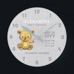 Horloge Ronde Bear Baby Birth Stats Nursery<br><div class="desc">This rustic clock feh a watercolor bear on a gray linen background personalized with your baby's name, birthday and birth stats. Please note the linen background texture is part of the printed design. Easy to personalize with custom options. Click the personalize button to change fonts, add your own text or...</div>