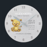 Horloge Ronde Bear Baby Birth Stats Nursery<br><div class="desc">This rustic clock feh a watercolor bear on a gray linen background personalized with your baby's name, birthday and birth stats. Please note the linen background texture is part of the printed design. Easy to personalize with custom options. Click the personalize button to change fonts, add your own text or...</div>