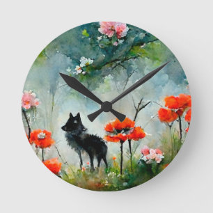 Horloge Ronde Beau animal sauvage à fleurs