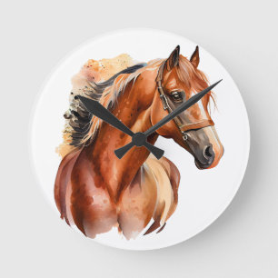 HORLOGE RONDE BEAU CHESTNUT WATERCOLOR CHEVAUX TÊTE