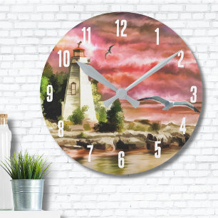 Horloge Ronde Beau coucher de soleil rose Nautique phare côtier