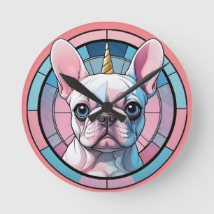 Horloge Ronde Beau Français Bulldog Pastel Unicorn Vitrail