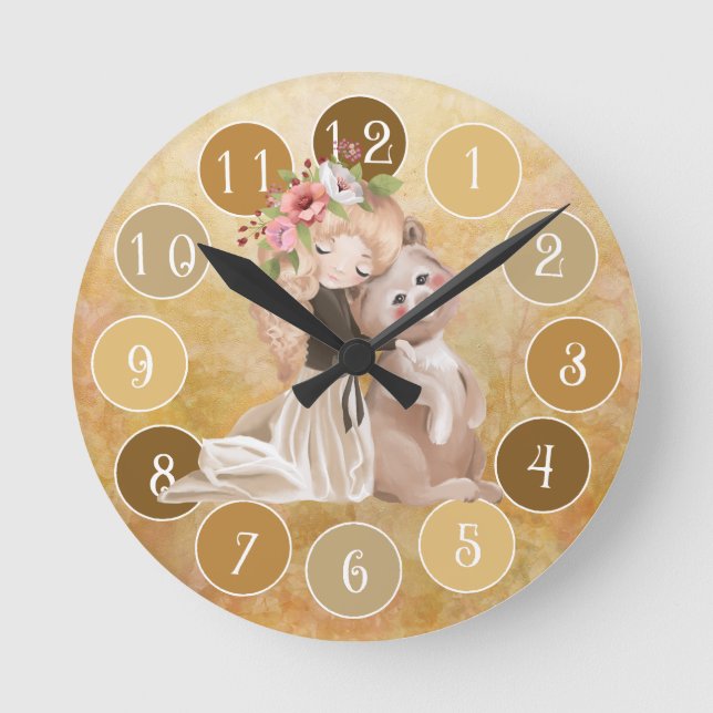 Horloge Ronde Beautiful Girl and Bear Lovely Illustration (Recto)
