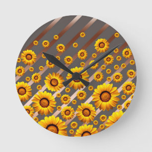 Horloge Ronde Beautiful yellow flowers on gray, brown stripes  