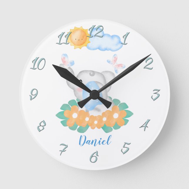 Horloge Ronde Bébé mignon éléphant avec des fleurs orange Horlog (Recto)