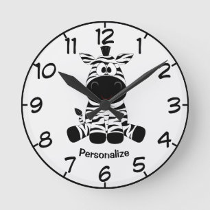 Horloge Ronde Bébé mignon et adorable Zebra Cartoon noir blanc