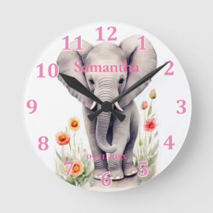 Horloge Ronde Bébé mou Eléphant Pastel Aquarelle Fleur de printe