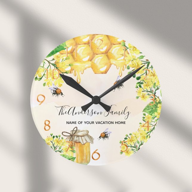 Horloge Ronde Bees honey yellow florals family monogram (Créateur téléchargé)