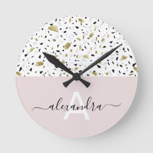 Horloge Ronde Beige et or foil terrazzo pattern monogram