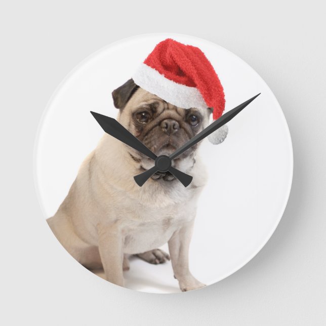 Horloge Ronde Beige pug red santa (Recto)
