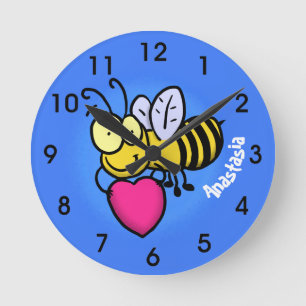 Horloge Ronde Belle abeille drôle avec dessin animé du coeur