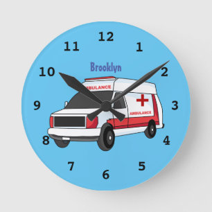 Horloge Ronde Belle ambulance rouge caricature van