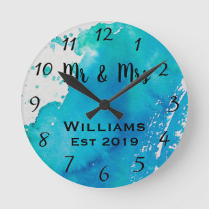 Horloge Ronde Belle Aquarelle Bleu Turquoise Personnalisée Sur M