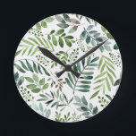 Horloge Ronde Belle aquarelle Feuilles botaniques<br><div class="desc">Aquarelle peinte verdure botanique rustique feuille motif</div>