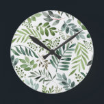 Horloge Ronde Belle aquarelle Feuilles botaniques<br><div class="desc">Aquarelle peinte verdure botanique rustique feuille motif</div>