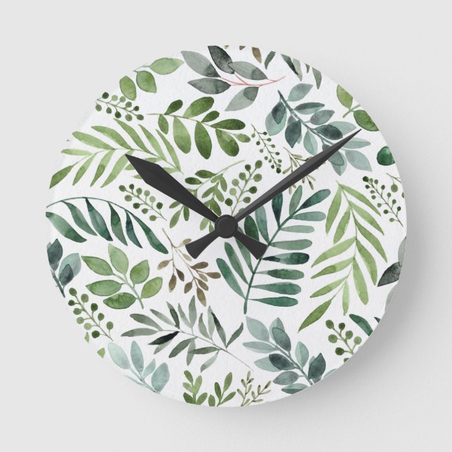 Horloge Ronde Belle aquarelle Feuilles botaniques  (Recto)