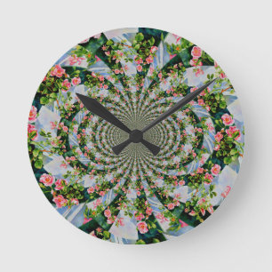 Horloge Ronde Belle boho rose, roses rouges, aquarelle florale