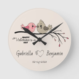 Horloge Ronde Belle Cartoon Lovebirds sur la branche Saint-Valen