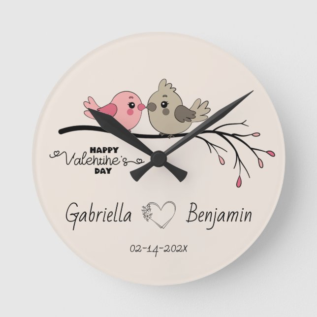 Horloge Ronde Belle Cartoon Lovebirds sur la branche Saint-Valen (Recto)