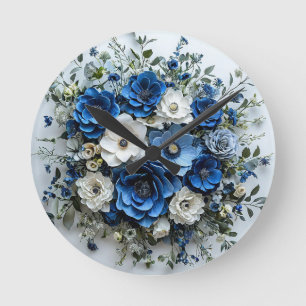 Horloge Ronde Belle composition florale bleue et blanche