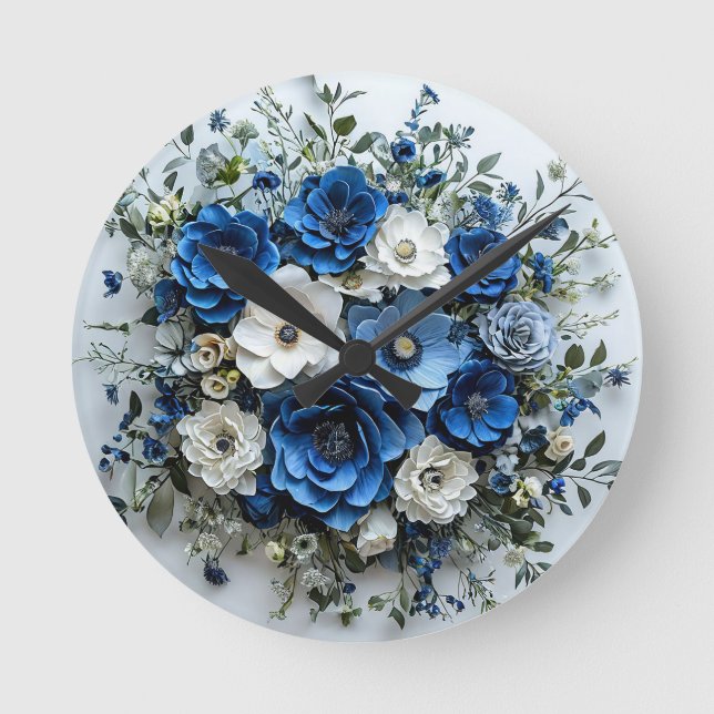 Horloge Ronde Belle composition florale bleue et blanche (Recto)