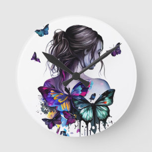 HORLOGE RONDE BELLE FEMME DE COULEUR D'EAU AVEC DES PAPILLONS