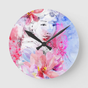 Horloge Ronde Belle fille avec un bouquet des fleurs