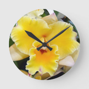 Horloge ronde belle orchidée jaune