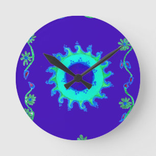 Horloge Ronde Belle peinture artistique florale iridescente bleu